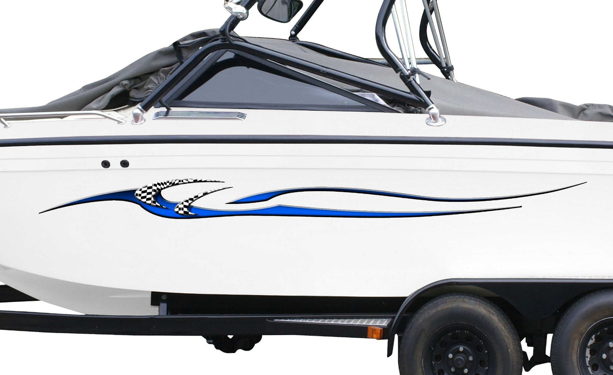 white boat with legend checkers stripe decal on its side