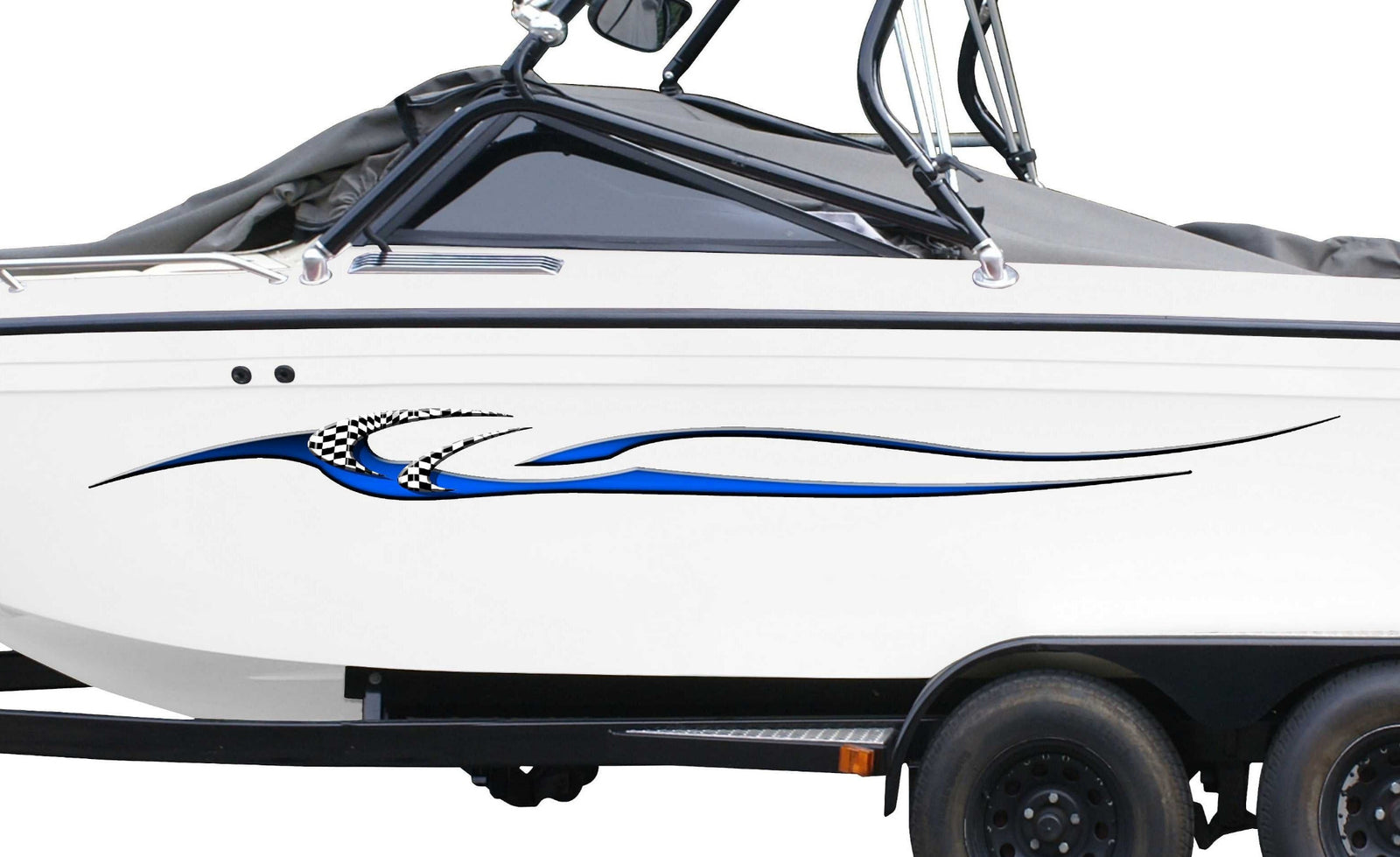 white boat with legend checkers graphic ] stripe on its side