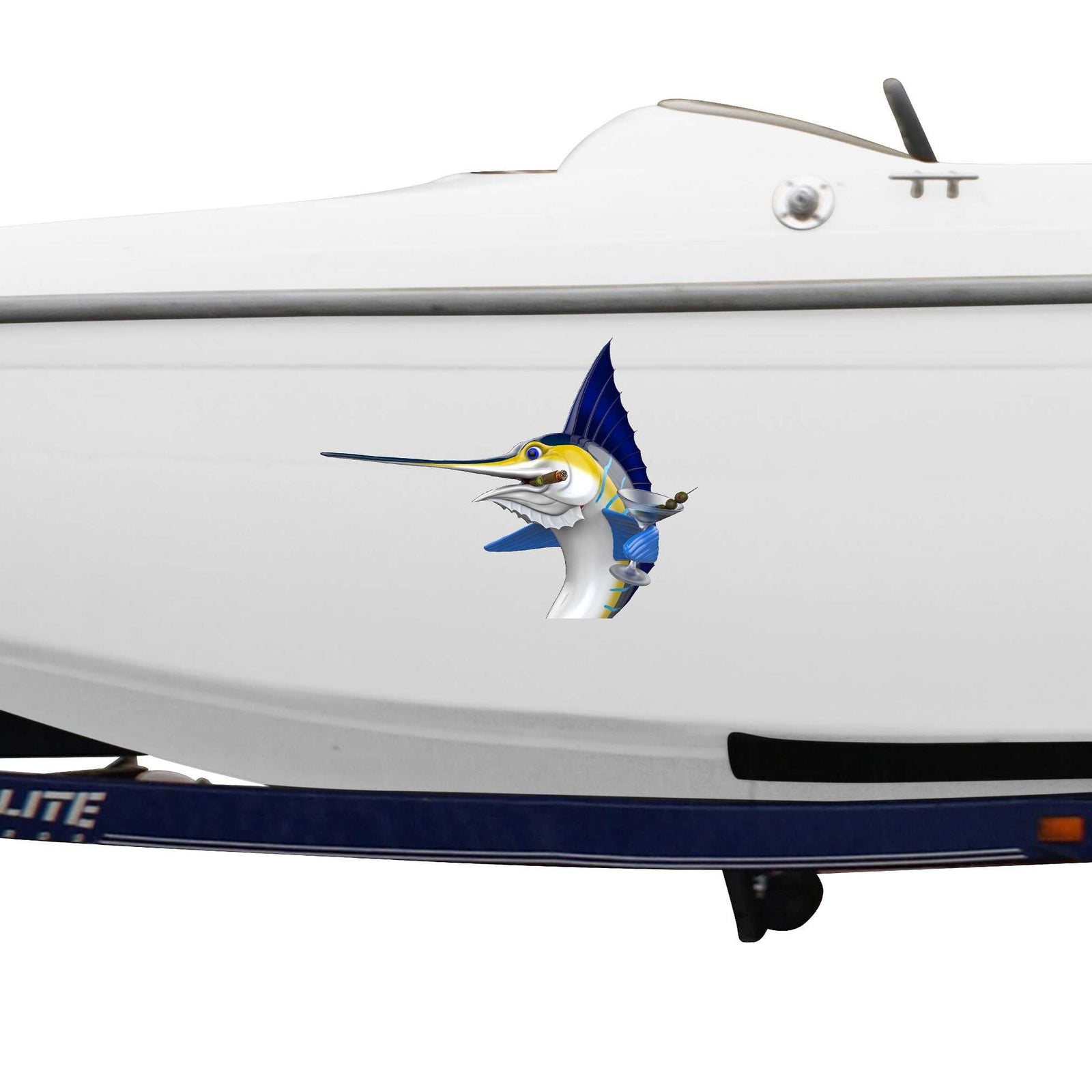 white boat with marlin Martini fish decal on its side