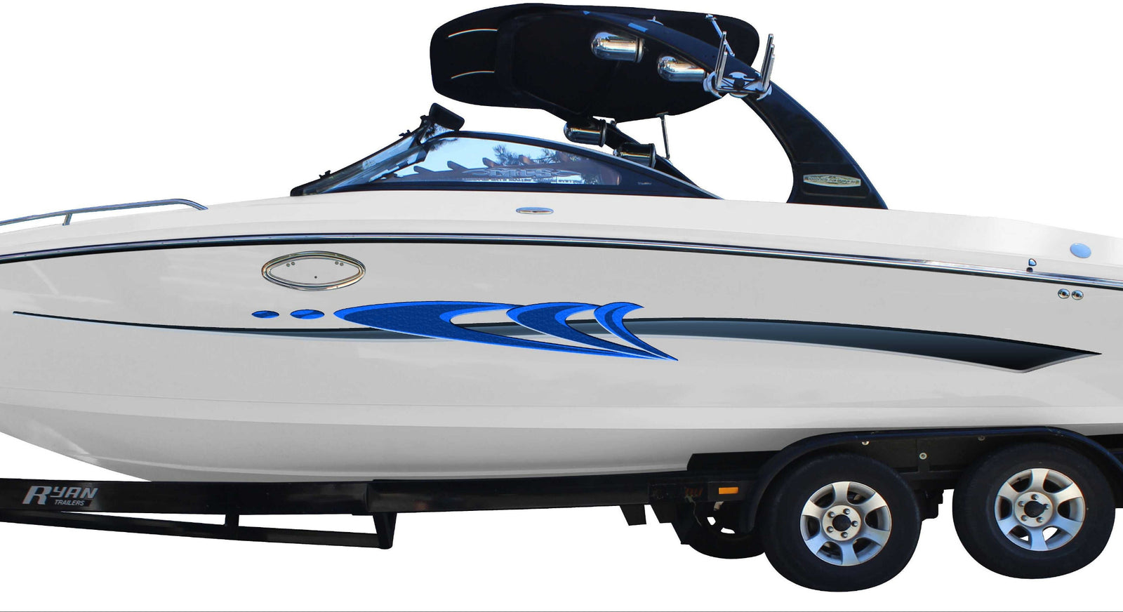 white boat with northwest stripe graphics on its side