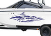 white boat with purple dolphin vinyl graphics on port side