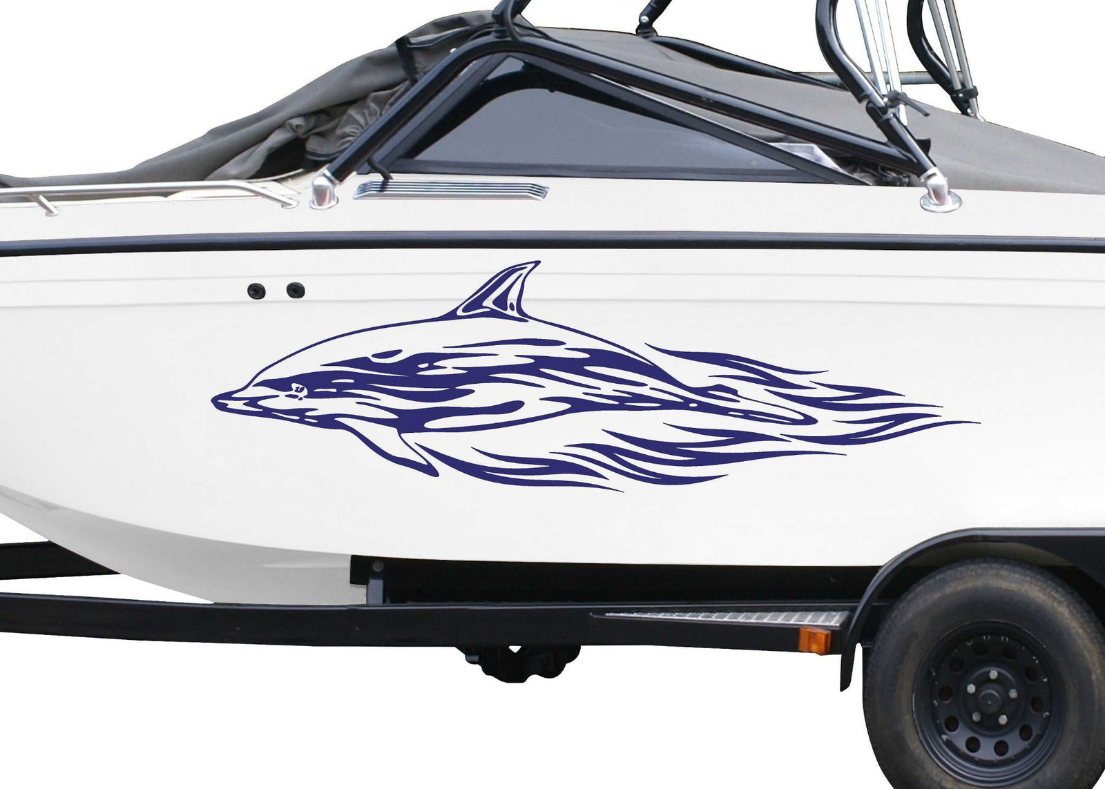 white boat with purple dolphin vinyl graphics on port side