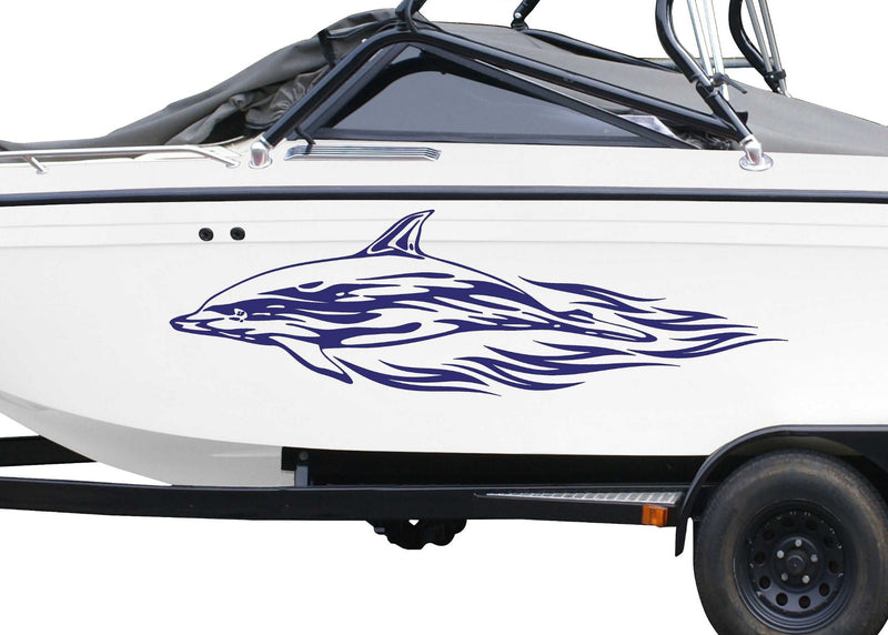 white boat with purple dolphin vinyl graphics on port side