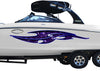 white boat with purple tribal skulls vinyl graphics on port side