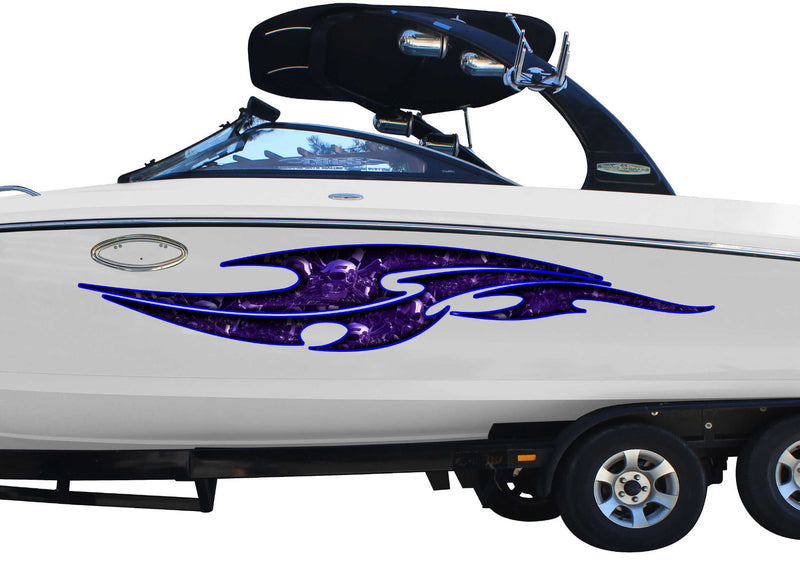 white boat with purple tribal skulls vinyl graphics on port side