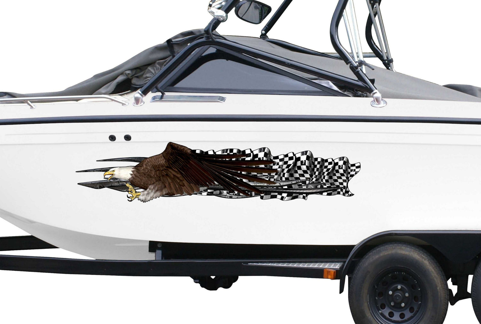 Boat with a large decal of an eagle checkered flag on a white background