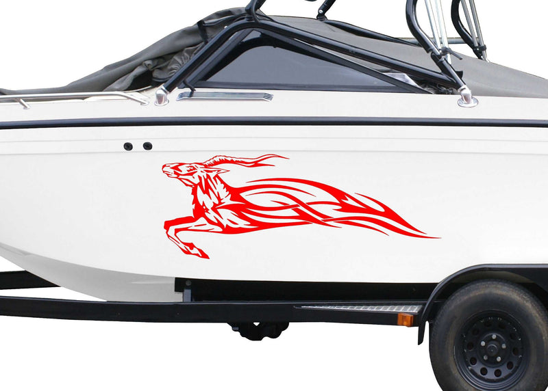 white boat with red impala flames vinyl graphics on port side