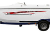 white boat with red shark race vinyl graphic stripe on port side