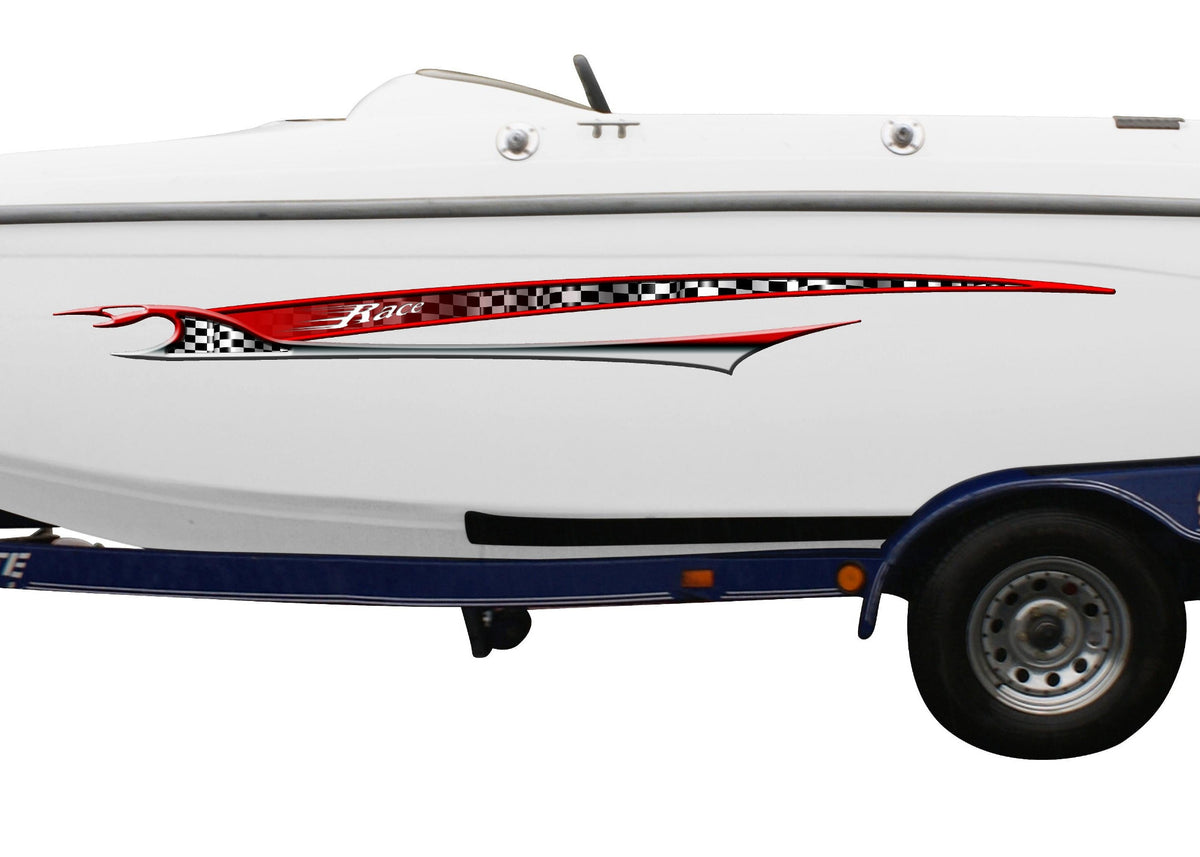 white boat with red shark race vinyl graphic stripe on port side