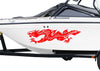 White boat with a red flaming dragon decal on a white background
