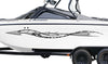 white boat with shock silver vinyl graphics on its side
