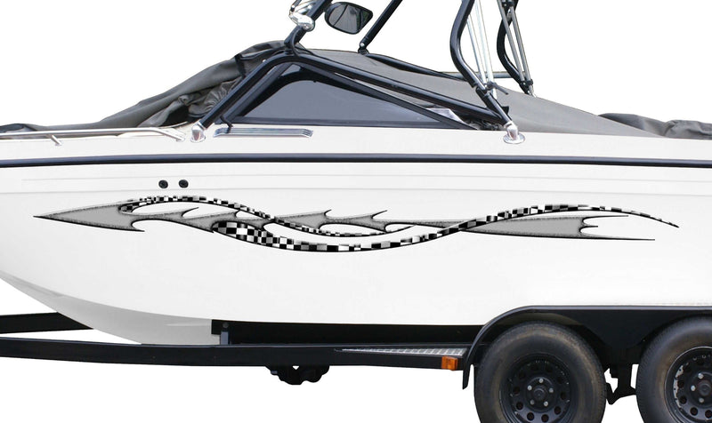 white boat with shock silver vinyl graphics on its side