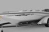 white boat with silver flying stripe vinyl graphics on its front side