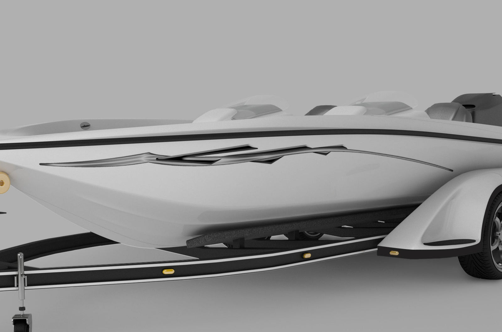 white speed boat with two tone flying stripe blue and silver decal on its side