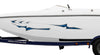 White boat with blue slicer vinyl graphics on a trailer against a white background