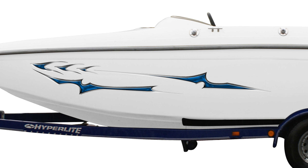 White boat with blue slicer vinyl graphics on a trailer against a white background
