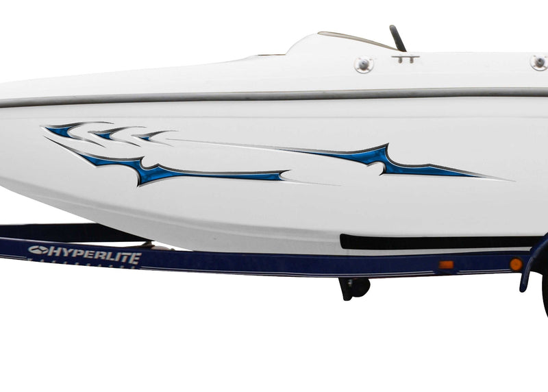 white boat with slicer blue vinyl graphics on side