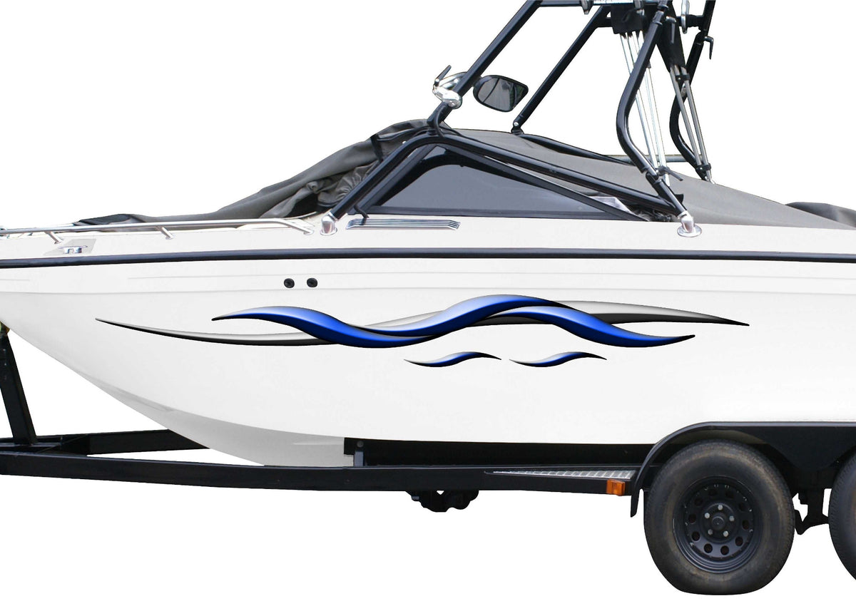 white boat with spear decals on port side