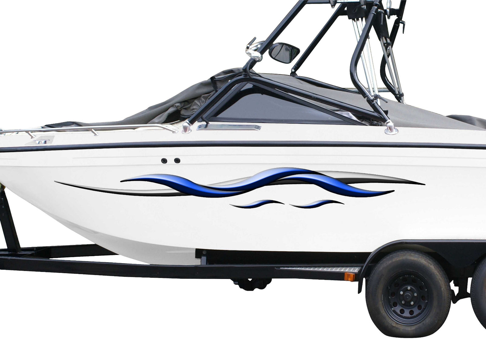 white boat with spear decals on port side