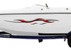 white boat with spear vinyl graphic on port side