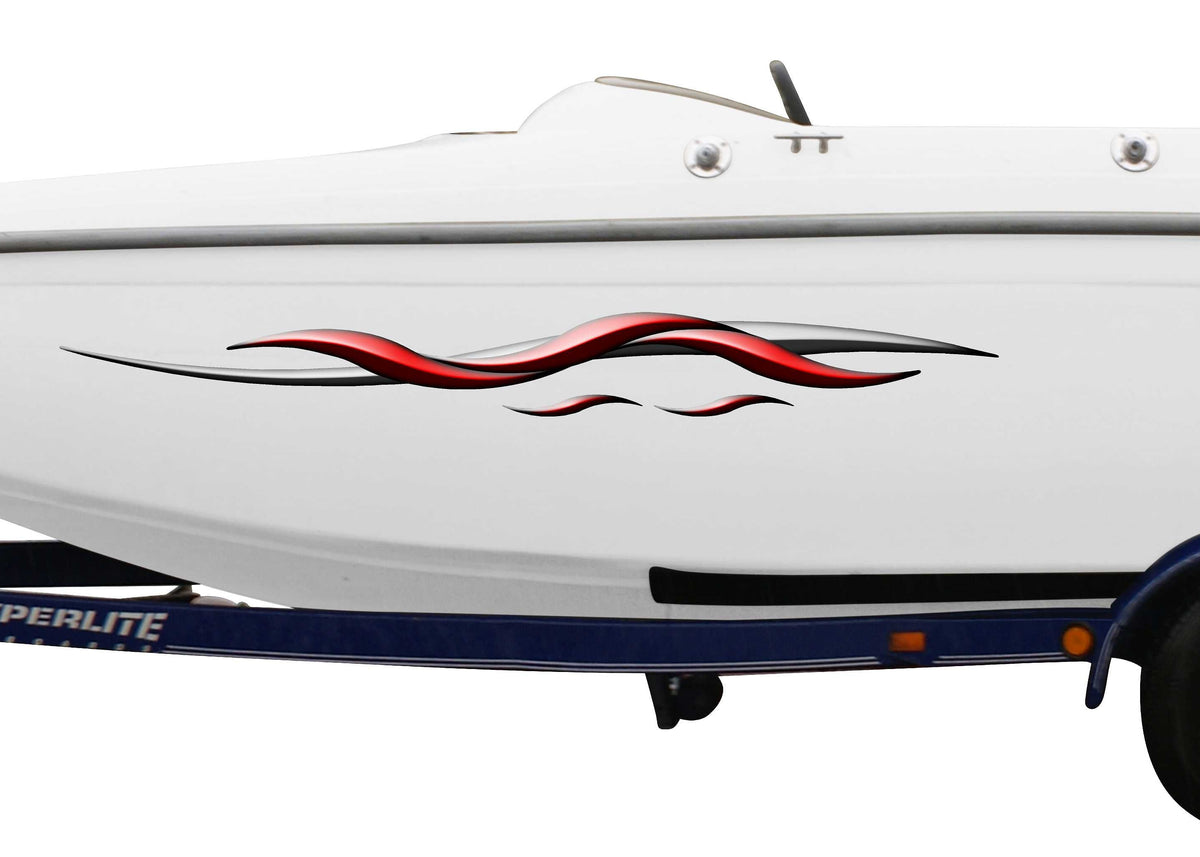 white boat with spear vinyl graphic on port side