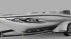 white boat with speed checkers vinyl decal on port side