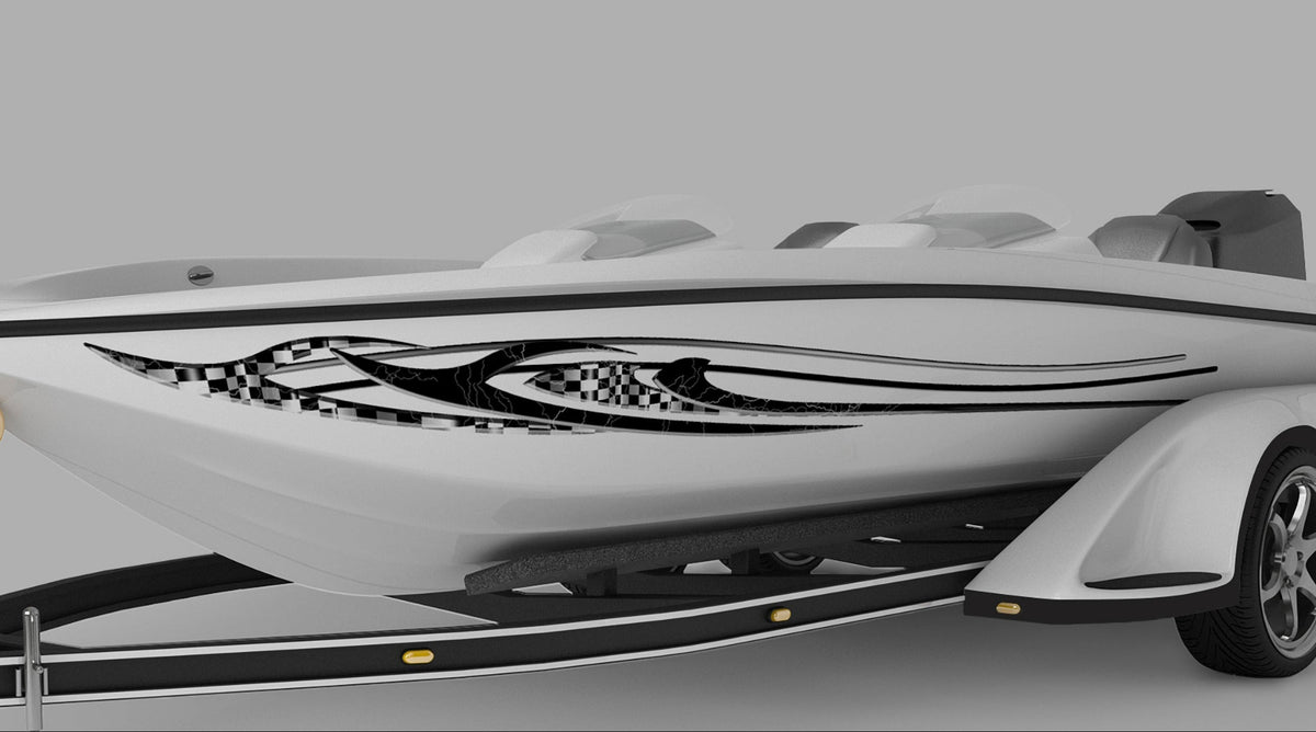 white boat with speed checkers vinyl decal on port side