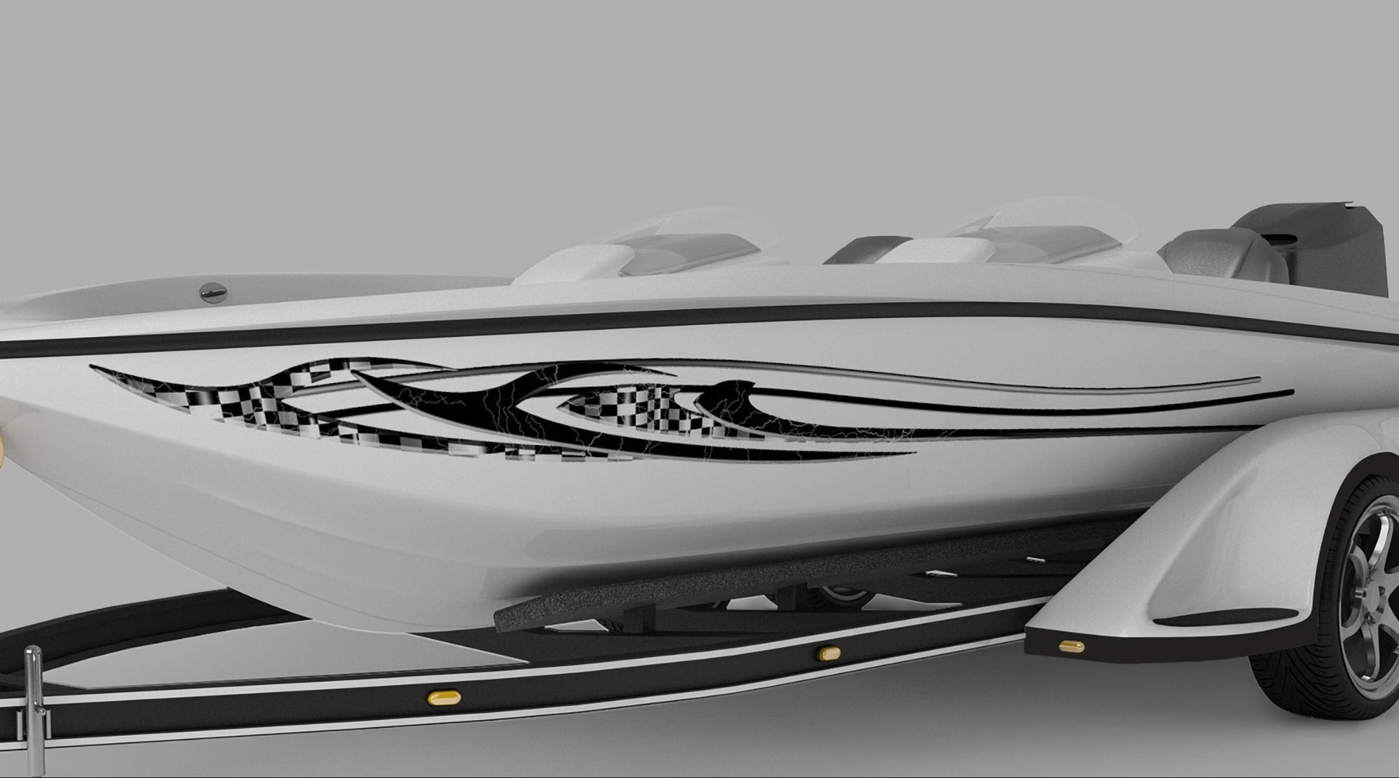 white boat with speed checkers vinyl decal on port side