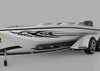 white boat with speed checkers vinyl decal on port side