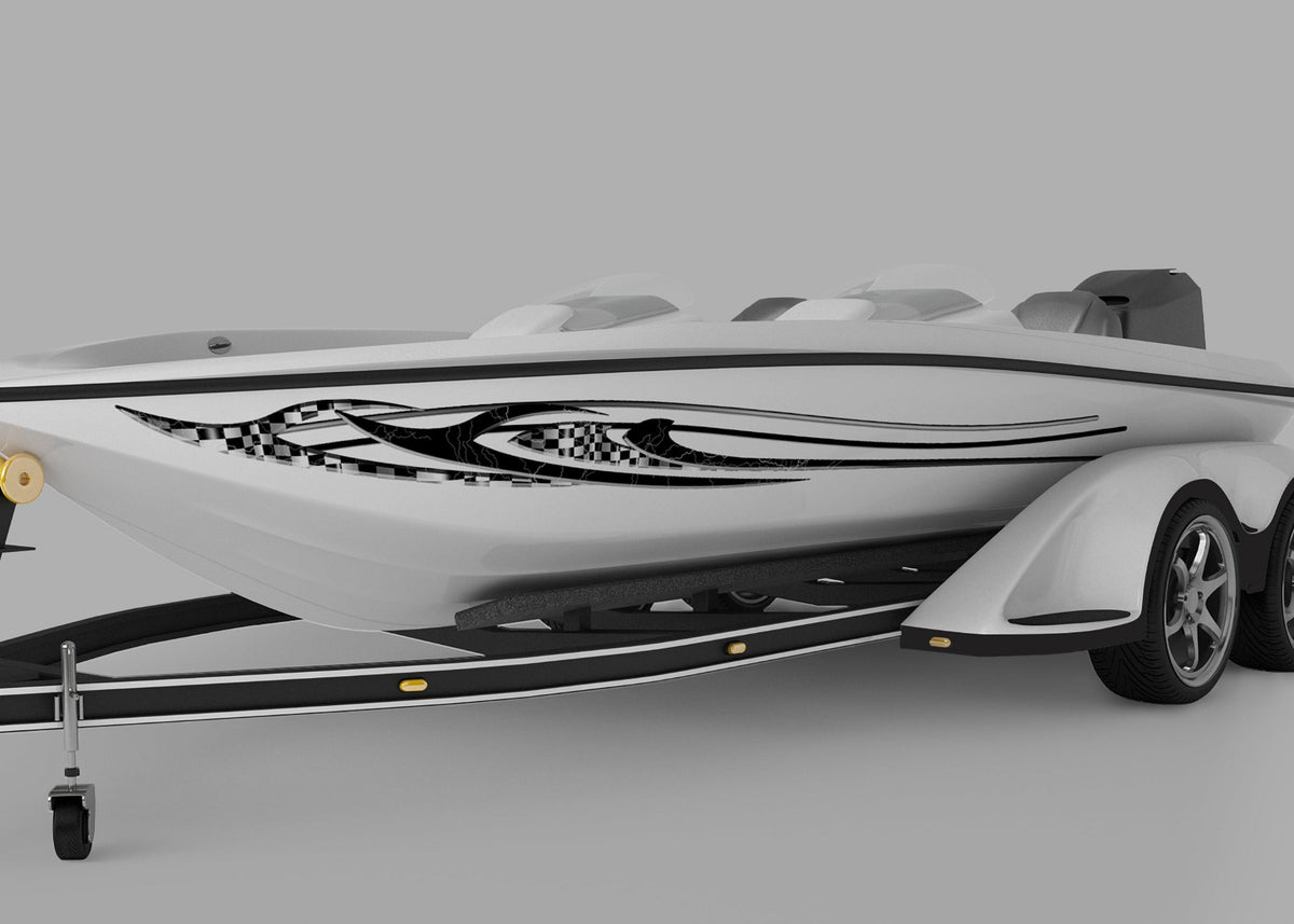 white boat with speed checkers vinyl decal on port side