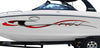 white boat with storm vinyl graphics on port side