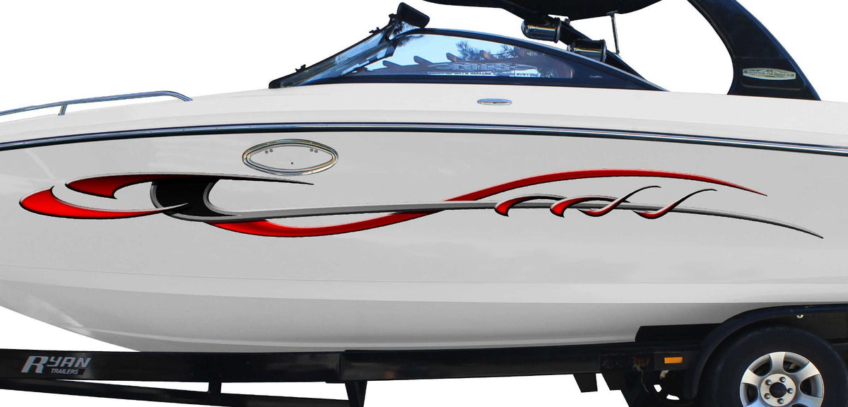 white boat with storm vinyl graphics on port side