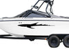 white boat with swift shark vinyl cut decal on port side