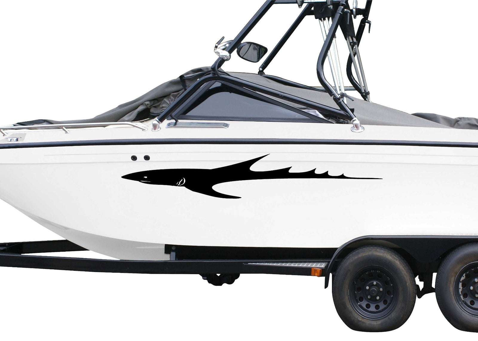 white boat with swift shark vinyl cut decal on port side