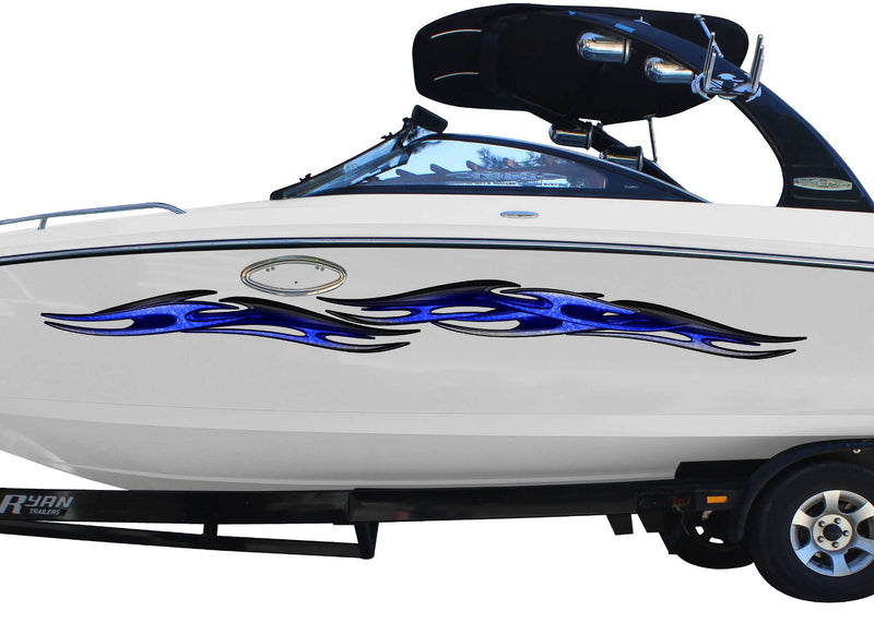 white boat with blue tribal chains vinyl stripe graphics on port side