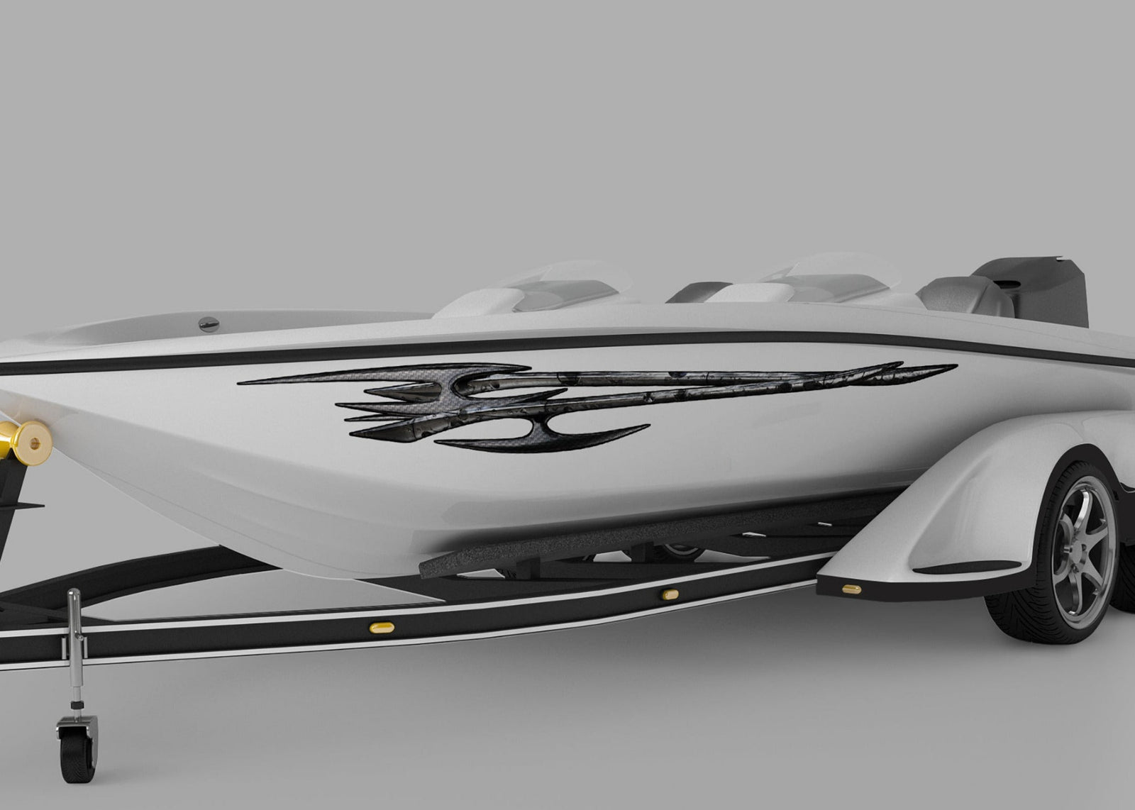 white boat with tribal edge vinyl graphics on port side