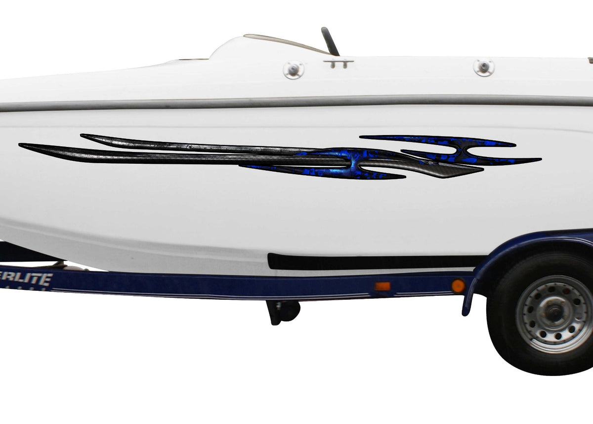 white boat with tribal spike vinyl decal on port side