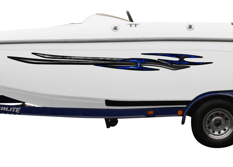 white boat with tribal spike vinyl decal on port side