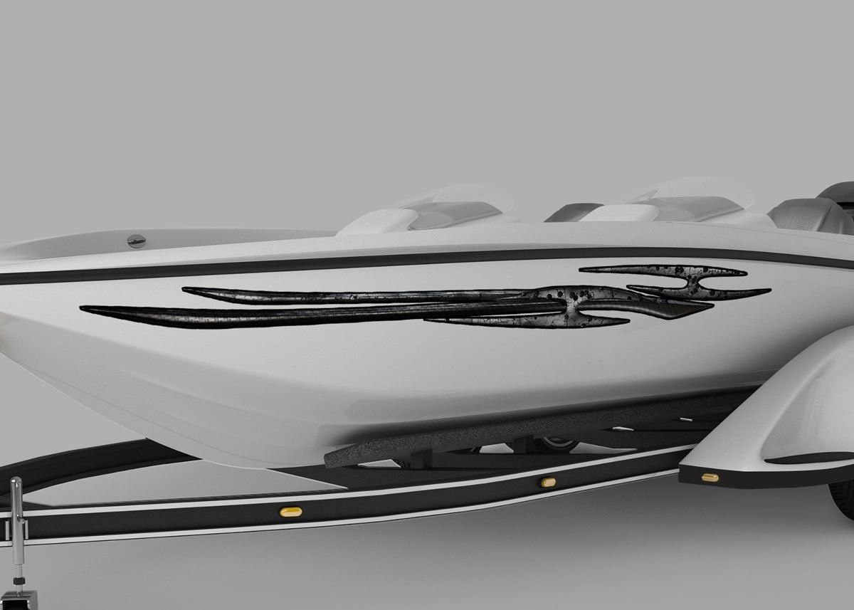 white boat with tribal spike vinyl graphics on port side