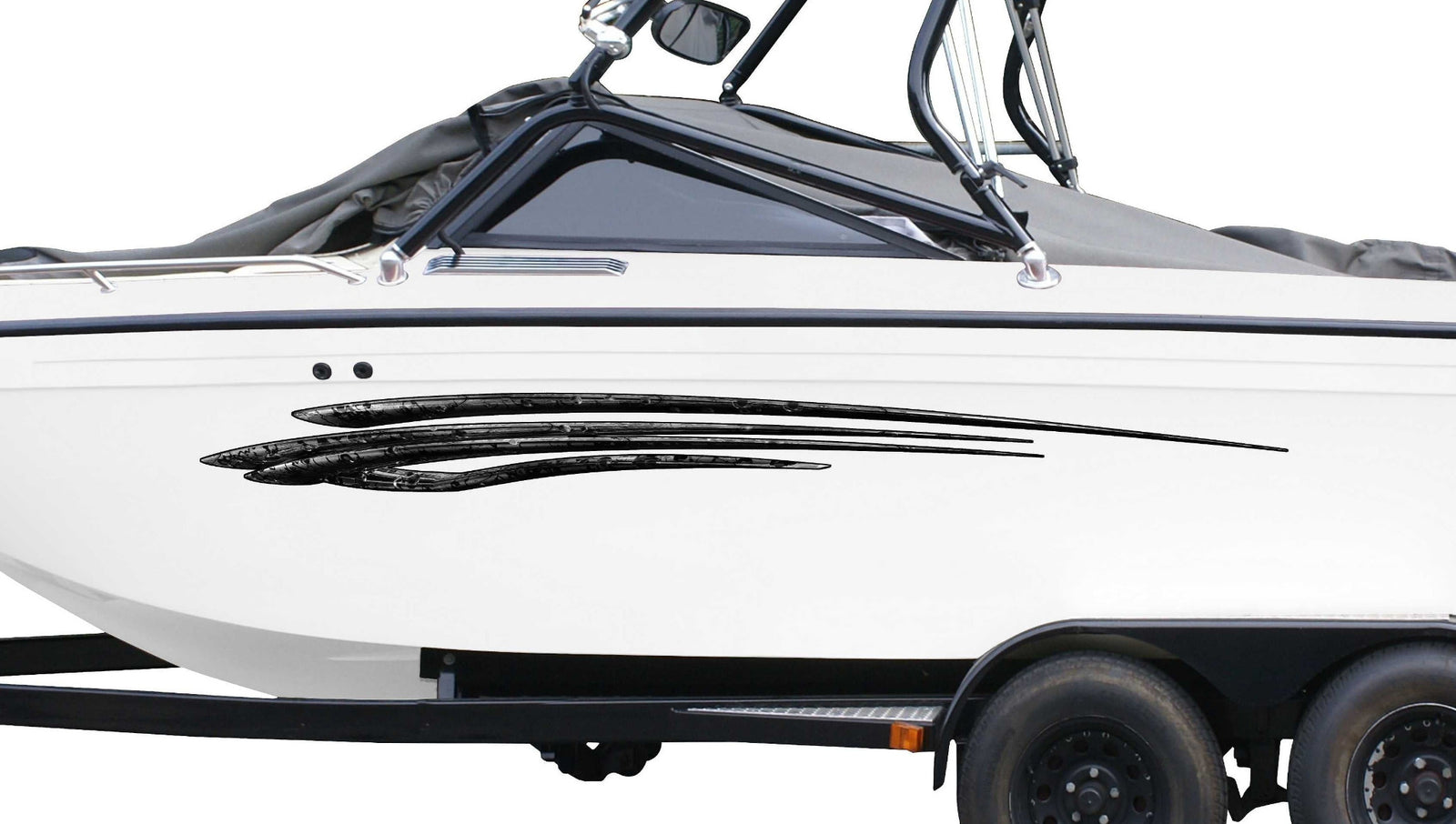 white boat with tribal stripes vinyl decals on port side