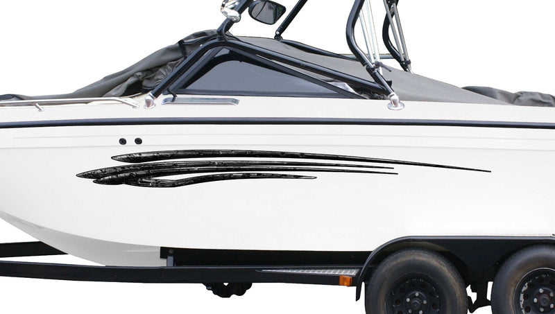 white boat with tribal stripes vinyl decals on port side
