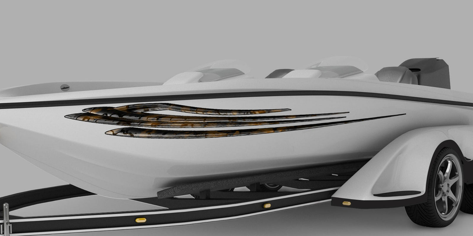 white boat with tribal stripes vinyl decals on port side