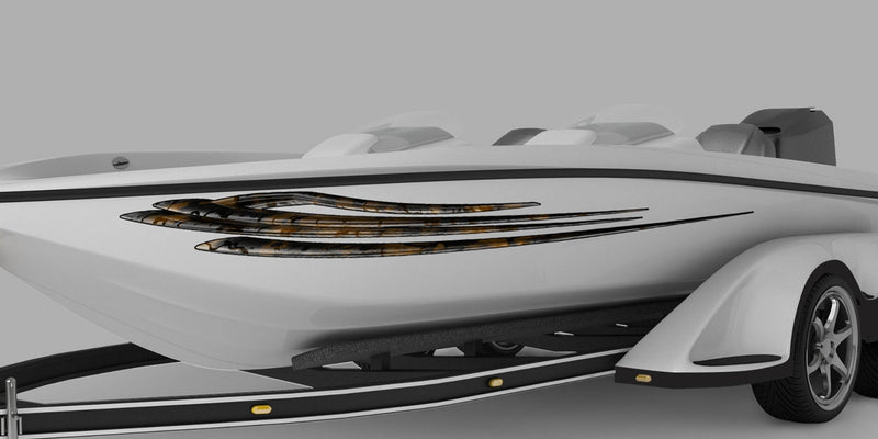 white boat with tribal stripes vinyl graphics on port side