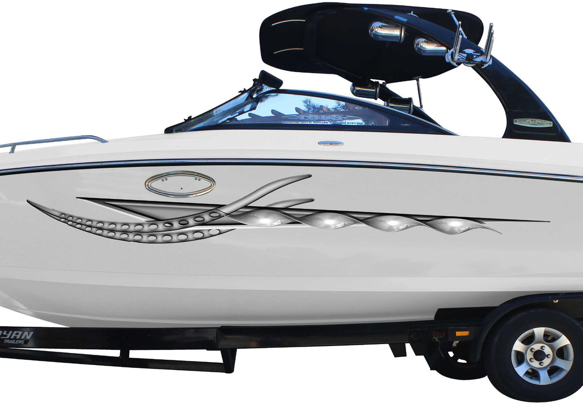 white boat with twister silver vinyl decal on port side