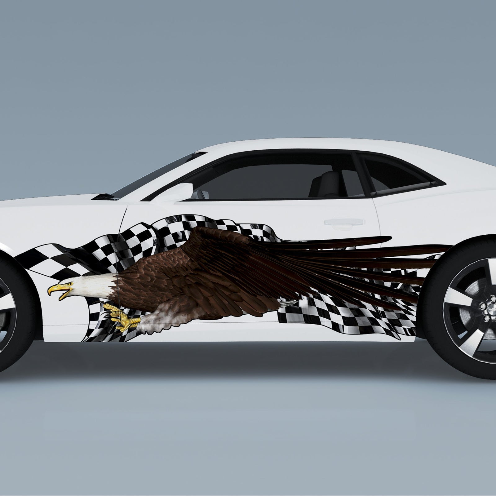 White car with an eagle and checkered pattern decal on driver side