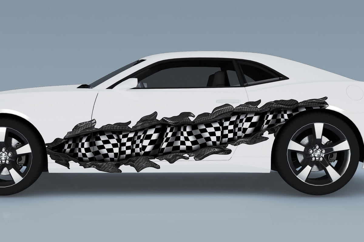 white camaro sports car with checkered flag carbon fiber tear across the driver side