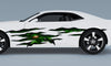 white camaro sports car with green monster metal tear decal on driver side
