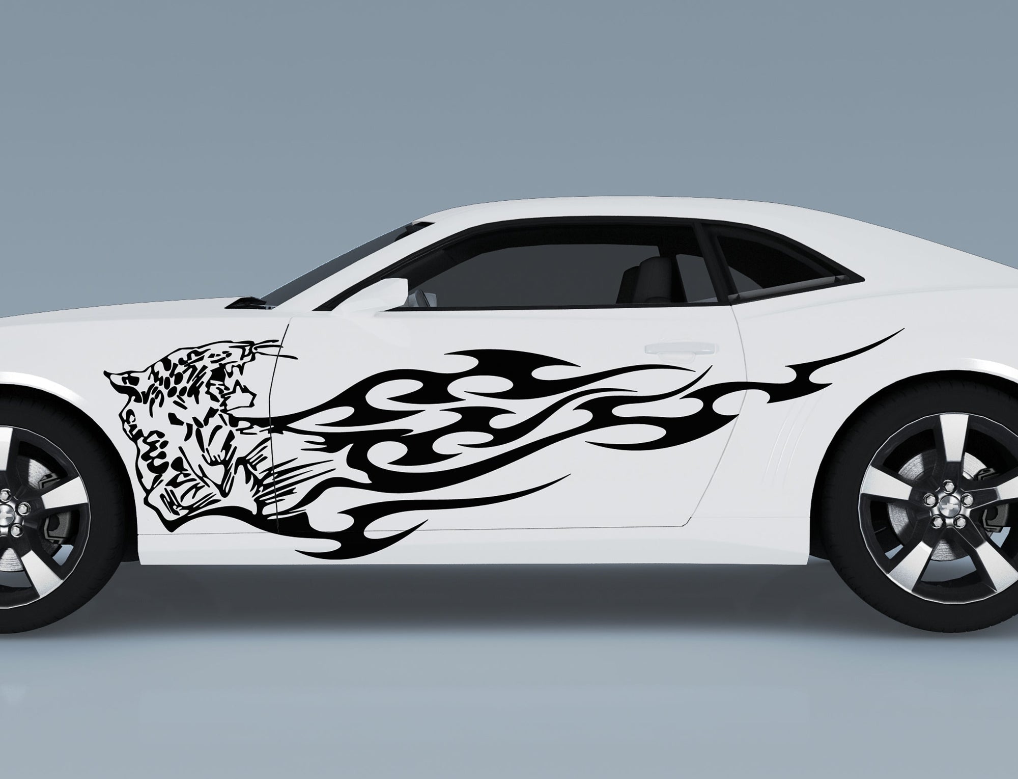 white camaro sports car with leopard flames vinyl cut decals on driver side