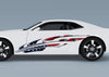 white camaro with American Flag Comet arc vinyl decal on driver side
