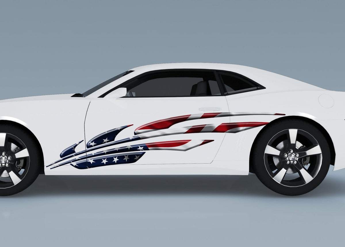 white camaro with American Flag Comet arc vinyl decal on driver side